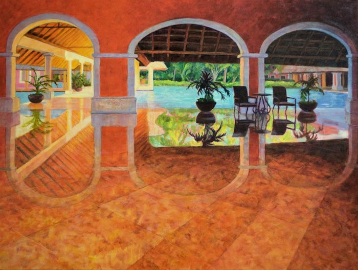 Barcelo Mayan Foyer, Abstract Oil Painting by Ann McLaughlin