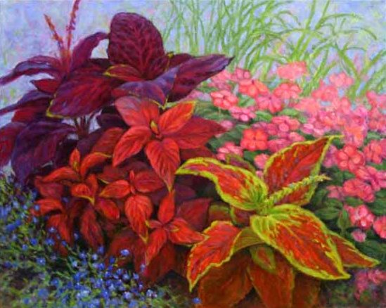 Coleus with Impatiens and Lobelia, Oil Painting by Ann McLaughlin