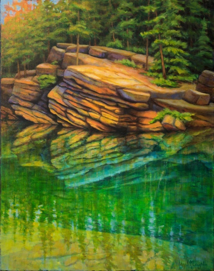 Horeshoe Lake Cliff Jump, Landscape Oil Painting by Ann McLaughlin