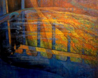 Rainbarrel Reflections, Abstract Oil Painting by Ann McLaughlin