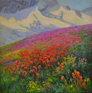 Alpine Meadow in Bloom, Landscape Oil Painting by Ann McLaughlin