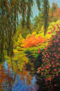 Buchart Gardens View, Landscape Oil Painting by Ann McLaughlin